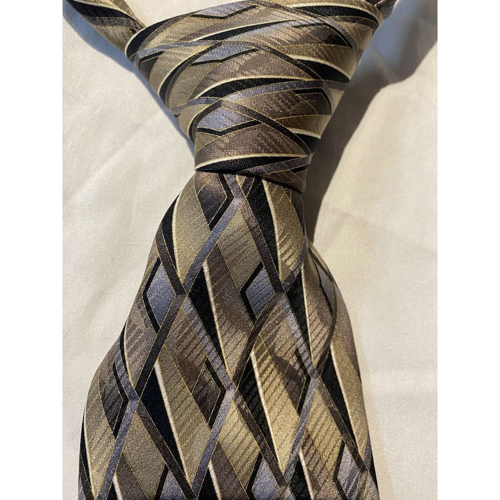 JOSEPH & FEISS Men's 100% Silk Necktie Designer Geometric Gold/Silver/Black EUC
